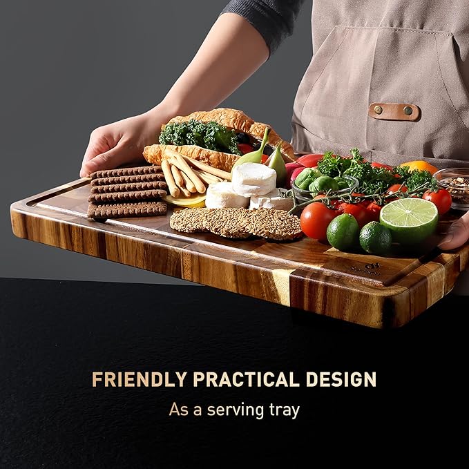Extra Large End Grain Cutting Board for Kitchen with Non-slip Feet, Acacia Wood Heavy Duty Checkered Cutting Board with Juice Groove & Handle Handcrafted Luxury Chopping Board for Meat, Vegetables