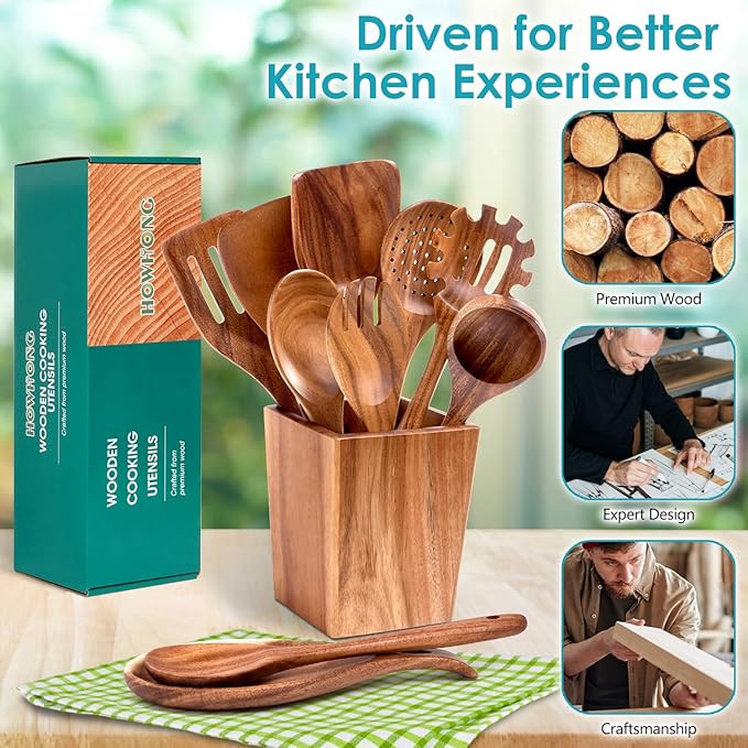 Wooden Spoons for Cooking, Premium Acacia Wood Kitchen Utensil Set, Handmade Wooden Utensils for Nonstick Cookware, Heat Resistant, Smooth Finish, Comfortable Grip, with Holder, Gift Ready