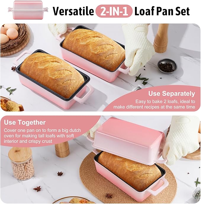 P&P CHEF 2-In-1 9 x 5 Inch Cast Iron Loaf Pan with Lid (Pink), Bread Loaf Pans for Baking Homemade Sourdough Bread, Meatloaf, Toast, Cake, Nonstick & Healthy & Sturdy, 2 Piece Set