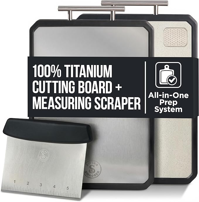 Swing Swagger Titanium Cutting Board for Kitchen with Measuring Scraper – 16” x 11” Double-Sided Metal Cutting Board, Non-Toxic, Food-Grade Titanium & Wheat Straw PP, Steel Grip Handle, Non-Slip Edges