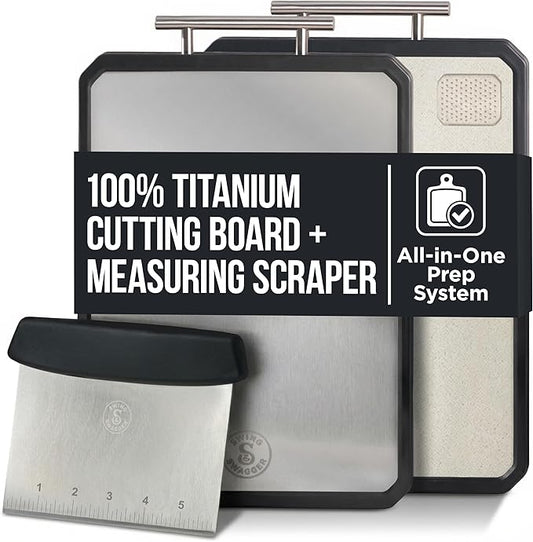 Swing Swagger Titanium Cutting Board for Kitchen with Measuring Scraper – 16” x 11” Double-Sided Metal Cutting Board, Non-Toxic, Food-Grade Titanium & Wheat Straw PP, Steel Grip Handle, Non-Slip Edges