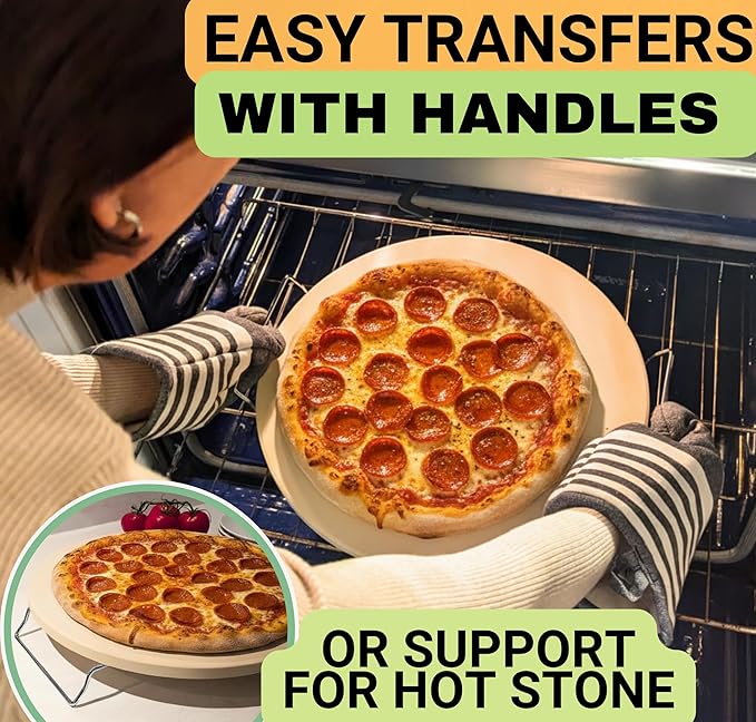 Round Pizza Stone for Oven 16 inch - Large Pizza Stone for Grill with Handles, Metal Pizza Peel & Steel Dough Cutter Tool - Baking Stone for Bread - Oven Stones - Pizza Making Set