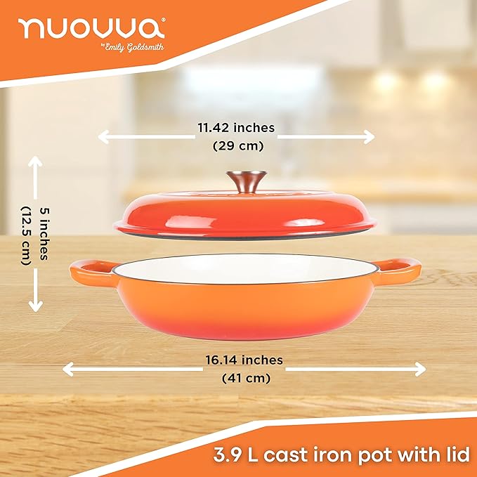Cast Iron Dutch Oven with Lid – Non Stick Shallow Dutch Oven Pot, Oven Safe up to 500° F – Sturdy Cooking Pot – Enamelled Stockpot Cookware – Orange, 3.7-Quart, 30cm – by Nuovva