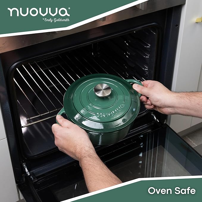 Cast Iron Dutch Oven with Lid – Non-Stick Ovenproof Enamelled Casserole Pot – Sturdy Dutch Oven Cookware – Dark Green, 3.1-Quart, 22cm – by Nuovva