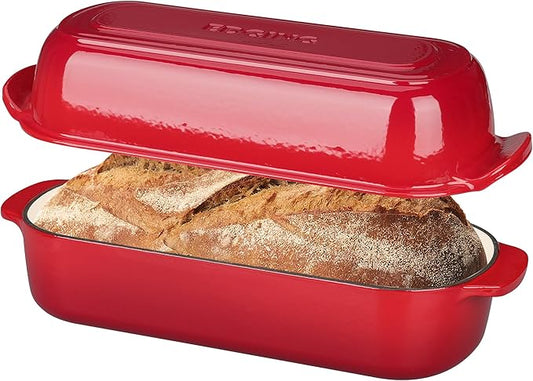 Enameled Cast Iron Loaf Pan with Lid, Bread pan, Dutch Oven Bread pan for Homemade Sourdough Bread Baking, 12.5x5.5 inch, 5qt, Red