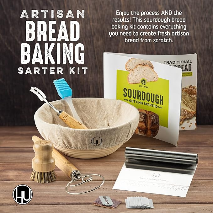 Sourdough Start Kit - Sourdough Bread Baking Supplies with Banneton Bread Proofing Basket Bowl, Cloth, Whisk, Bread Lame, Dough Scraper, 2 Brushes - Sourdough Starter Kit Bread Making & Baking Tools