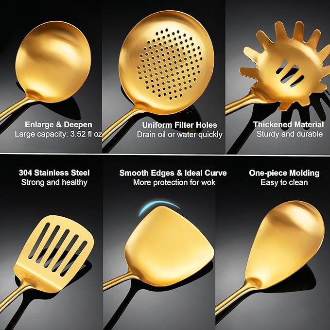 Gold Kitchen Utensils Set, 9 PCS Stainless Steel Cooking Utensils with Wood Handle, Solid and Slotted Spoon, Fork, Spatula, Ladle, Skimmer, Slotted Tunner, Spaghetti and Large Spoon