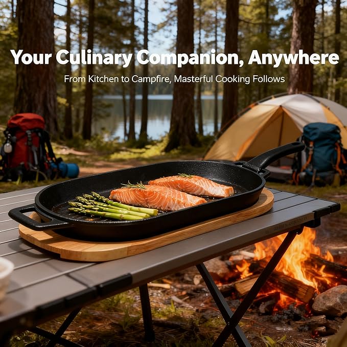 JIN BETTER GRILL PARTS New Skillet with Insulated Wooden Cushion and Removable Handle Compatible with Gas Cooktops and Grills