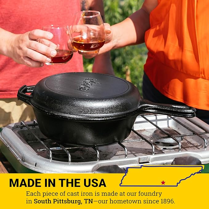 Lodge Pre-Seasoned 2-in-1 Cast Iron Combo Cooker - 3.2 Quart Deep Pot Cooker + 10.25 Inch Frying Pan - Use in the Oven, on the Stove, Grill, or Over a Campfire - Use to Sear, Sauté, Broil, Fry- Black