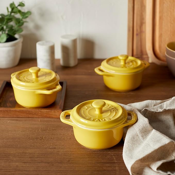 STAUB Ceramic 3-pc Mini Round Cocotte Set, Citron