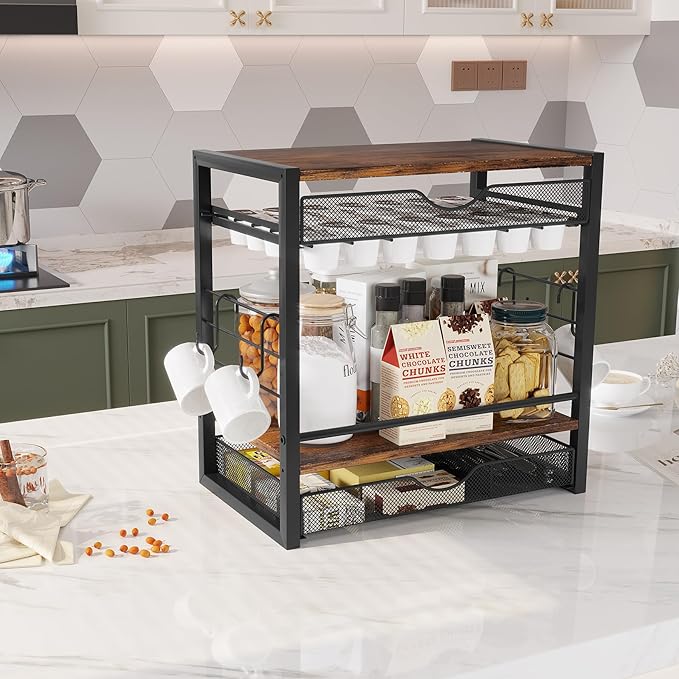 TQVAI Coffee Bar Organizer for Countertop 3-Tier 70 Capsules Coffee Station Organizer with Sliding K Cup Drawer & 4 Coffee Cup Hooks for Coffee Bar Accessories, Black
