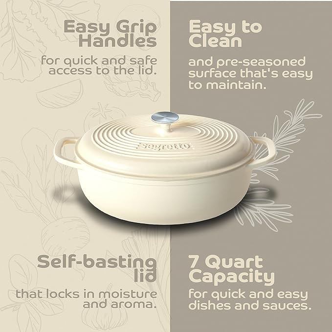 Segretto Cookware Enameled Cast Iron Oval Dutch Oven, 7 Quarts White