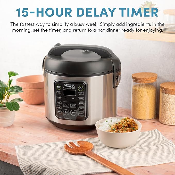AROMA Professional Digital Rice Cooker, 10-Cup (Uncooked) / 20-Cup (Cooked), Multicooker, Slow Cooker, Steamer, Oatmeal Cooker, Egg Cooker, STS, 5 Qt, Black, ARC-5200SB