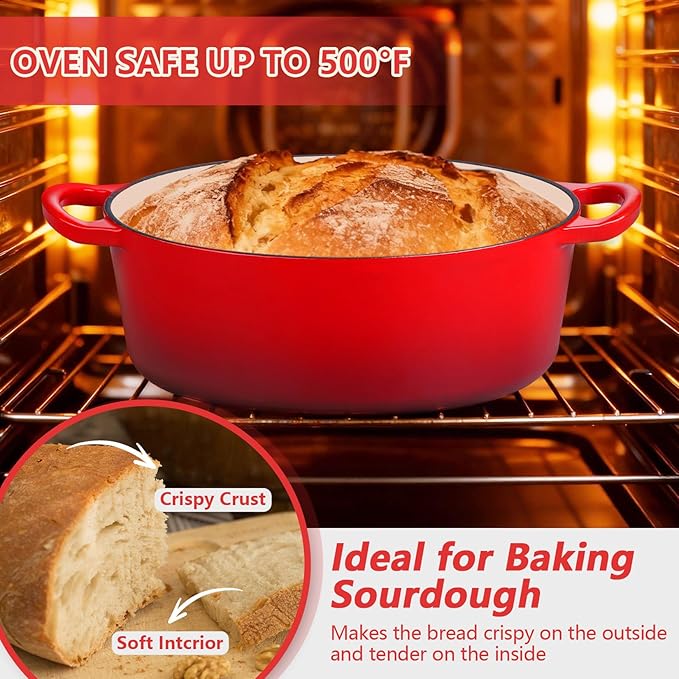 P&P CHEF Oval Dutch Oven with Lid, Enameled Cast Dutch Oven Pot for Bread Baking, Braising, Stewing, Roasting, Non-Stick & Oven Safe, Dual Handles & Easy Clean, 5QT & Red, Valentine's Day