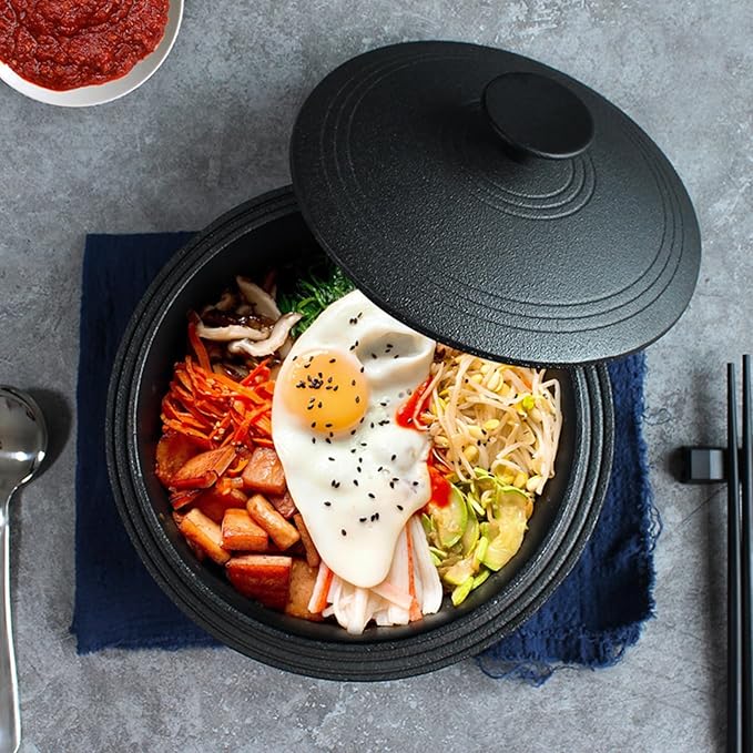 Korean Traditional Cast Iron Pot, Heavy Duty Dutch Oven with Lid, Rice Stew Pot Skillet Cookware for Braising Stews Roasting,Gas Stove Induction Cooker Safe(D24cm/9.4", Black)