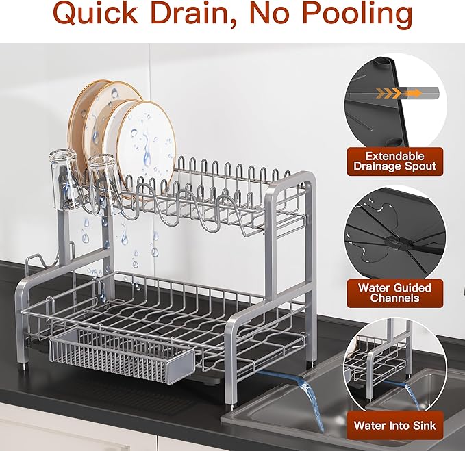 2 Tier Dish Drainers Drying Rack for Kitchen Counter Large Stainless Steel Dishes Drain with Drainboard, Space Saving, Big Modern Silver Countertop Metal Plates Dryer Strainer Holder and Extra Tray