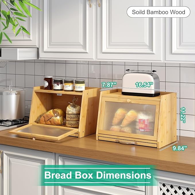 Bread Box with Cutting Board, Bamboo Bread Box for Kitchen Counter, Bread Storage Container with Wavy Arcylic Transparent Door (Natural)