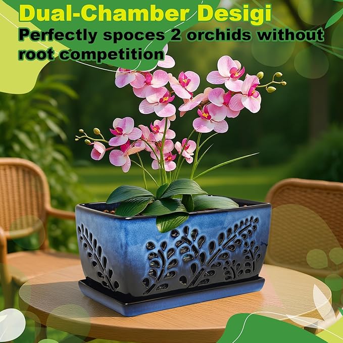 Ceramic Orchid Pot, 10 Inch Orchid Pots with Holes, Premium Thickened Handmade Glazed Pot for Orchidaceae Plants, Indoor Outdoor Decorative Flower Pots for Easy Repotting（Gradient Blue）
