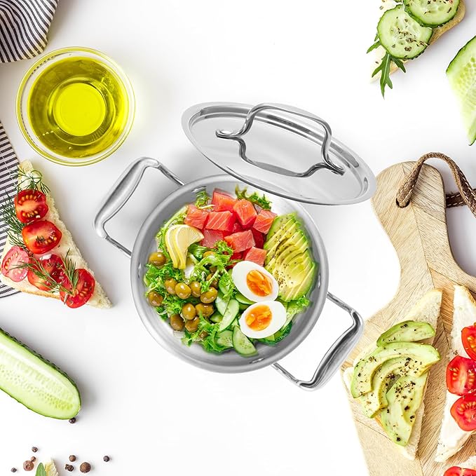 Tri-Ply Stainless Steel Stock Pot,1.8 Quart Sauce Pan with Lid, Induction Pasta Pot for Soup, Gravies & Oatmeal, Fast Even Heating, 18/8 Interior, Oven & Dishwasher Safe, Double Loop Handles
