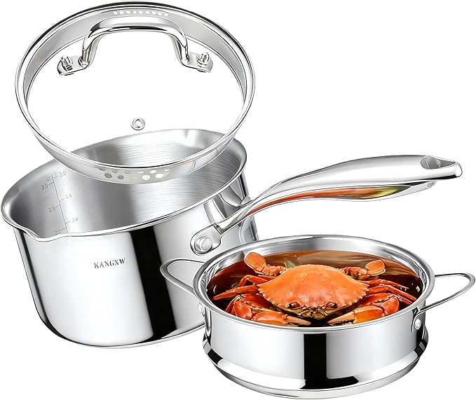 KANGXW 3.0 Quart Stainless Steel Saucepan With steamer,With Pour Spout and Filter Glass Lid Milk Pan, Sauce, Gravy, Pasta Stock Pot For All Stovetops(3.0 Quart With steamer)