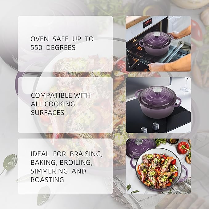 3 Quart Dutch Oven Enameled Cast Iron with Lid - Big Dual Handles - Oven Safe up to 500°F - Classic Round Pot for Versatile Cooking Purple