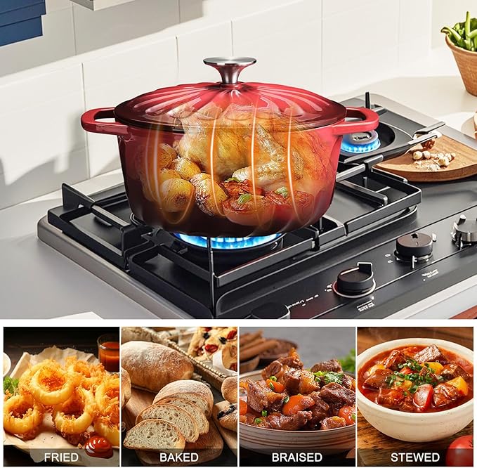 Enameled Cast Iron Dutch Oven with Lid, 6 QT Dutch Oven, Heavy Duty Cast Iron Pot for Sourdough Bread Baking, Braising, Cook, Bake, Oven Safe across All Cooktops (Red,6 QT)