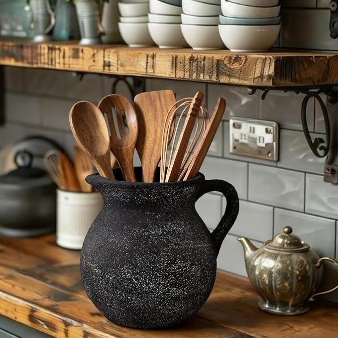 Rustic Kitchen Utensil Holder with Handle,7 Inch Ceramic Vintage Utensil Crock for Countertop, Farmhouse Kitchen Decoration Ceramic Pot for Spatulas Spoons Tongs(Classic,Antique Black Gold)