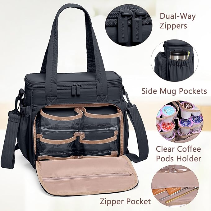 BAGSPRITE Coffee Maker Travel Bag Compatible with Keurig K-Mini Mate, Carrying Case for K-Cup Single Serve Coffee Maker, Portable Coffee Maker Case with Pod Organizer, Mug Pockets & Shoulder Strap