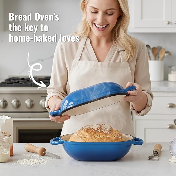 2 QT Oval Dutch Oven for Bread Baking, Enamelled Cast Iron Bread Oven for Sourdough, Sourdough Loaf Pan with Lid, Heavy-Duty Non Stick Bread Pan for Homemade Bread Baking, Blue