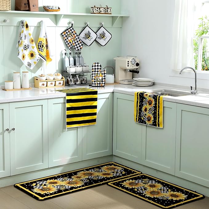 10 Pcs Bee Kitchen Decor Sunflower Oven Mitts and Pot Holders Set Yellow Bee Dish Towels Rugs Mats Buffalo Plaid Kitchen Accessories for Chef Baking Cooking Grilling BBQ Women Home Gift