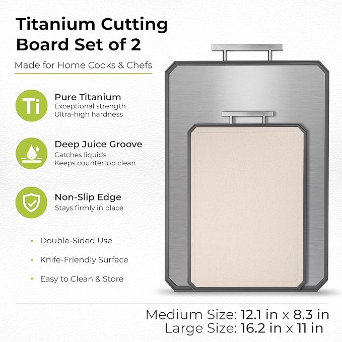 Freshware Titanium Cutting Board for Kitchen, Set of 2, Double Sided Cutting Boards, Pure Titanium/PP, Chopping Board with Juice Grooves, Dishwasher Safe, Medium 12.1" by 8.3" and Large 16.2" by 11"
