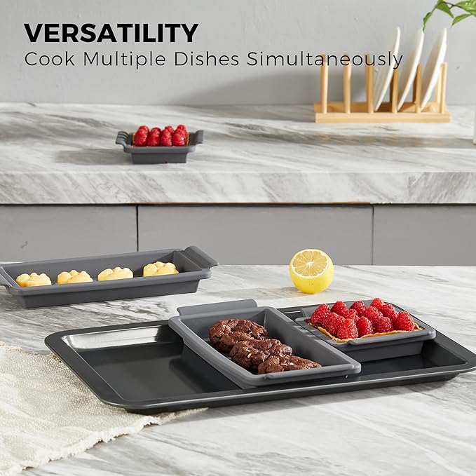 HONGBAKE Bakeware Sets, Baking Pans Set with Reusable Silicone Sheet Trays Dividers, Nonstick Oven Pan with Wider Grips, 14-Piece Including Rack, Cookie Sheet, Cake, Loaf, Muffin, Pizza Pan