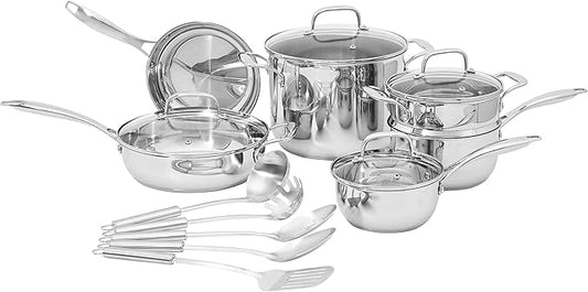 Amazon Basics Stainless Steel Cookware 15-Piece Set, Oven Safe, Induction-Ready, Even Heating, Easy to Clean, Stay-Cool Handles, Pots and Pans, Silver