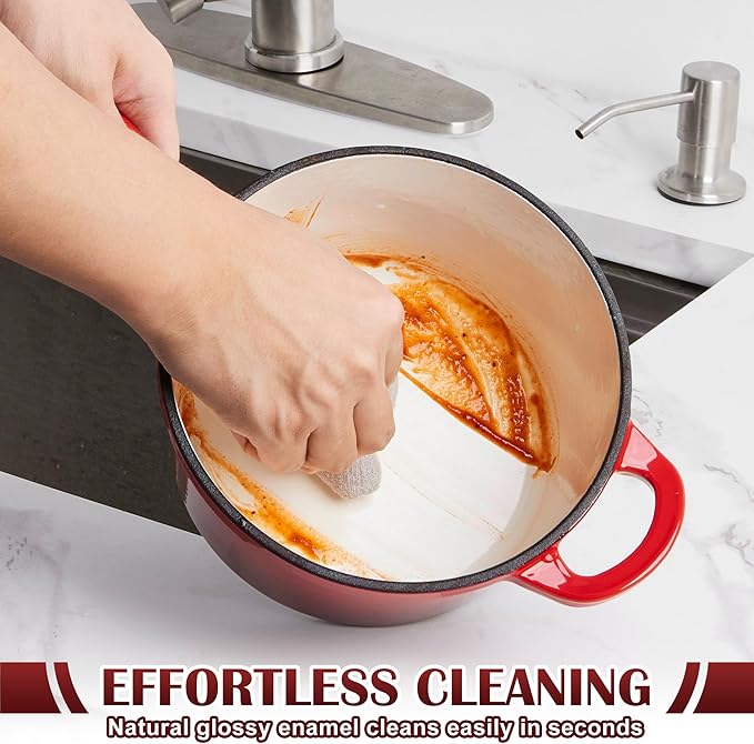 E-far Sauce Pan Set with Lid, 1Qt & 2Qt Enameled Cast Iron Pot Sets for Kitchen Cooking, Small Heavy Duty Dutch Oven Saucepans & Self-basting Lids, Induction-Ready & Easy Clean, Red