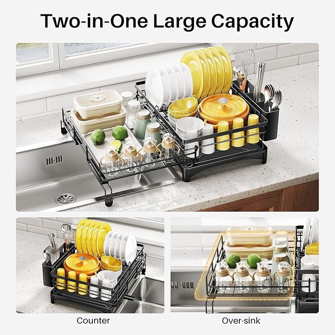 Dish Drying Rack, Extendable Dish Rack, Large Sink Drying Dish Drainer for Kitchen Counter, Carbon Steel Dish Strainer with Utensil Holder,Black