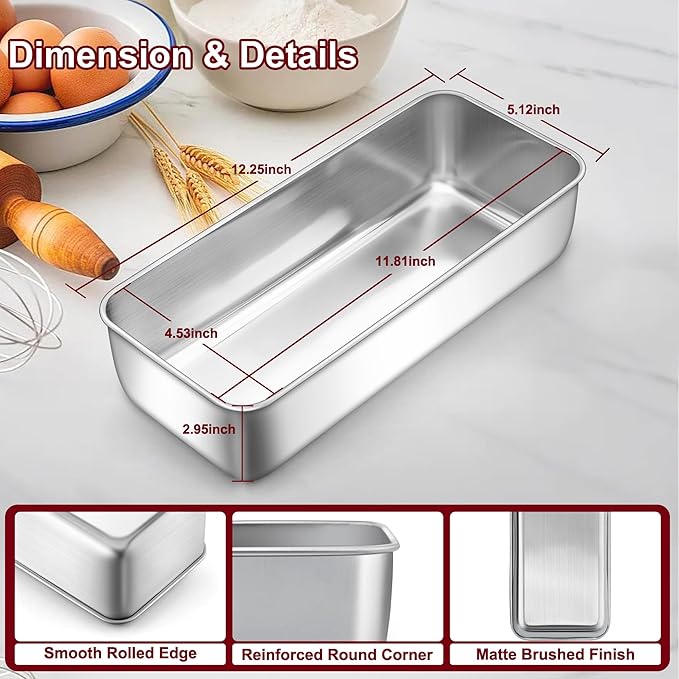 LIANYU 3 Pack 12 x 5 Inch Large Loaf Pans, Stainless Steel Bread Baking Pan Sets, Deep Meatloaf Pans for Homemade Bread, Cakes, Sandwich, Solid & Durable, Dishwasher Safe