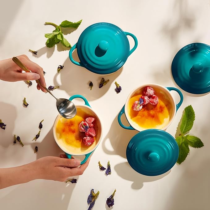 Kook Ceramic Mini Cocotte Set, Small Casserole Dishes with Lids and Handles, Individual Baking Ramekins, Oven safe 500F, Microwave & Dishwasher Safe, Stoneware, 12 oz, Set of 4, (Aqua Ombre)