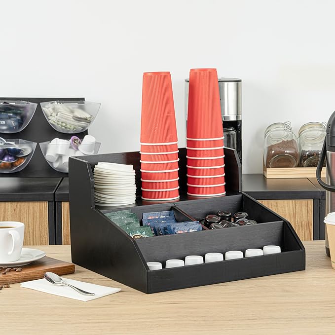Restaurantware-15 x 14.25 x 9.25 Inch Coffee Condiment Organizer, 1 Countertop Tea Station Organizer - 3 Shelf, Heavy-Duty, Black Bamboo Coffee Bar Holder, For Breakrooms, Offices, or Homes,