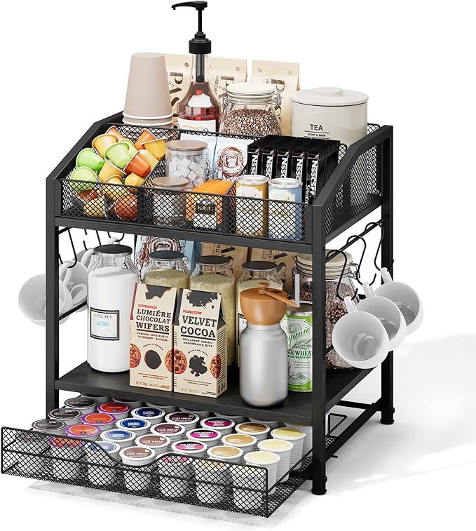 Coffee Bar Organizer - Countertop Coffee Station, 42 K Cup holder Storage Basket with Drawer and Hooks for Syrup, Cups, Stirrer, Condiment, Tea Organizer, Black