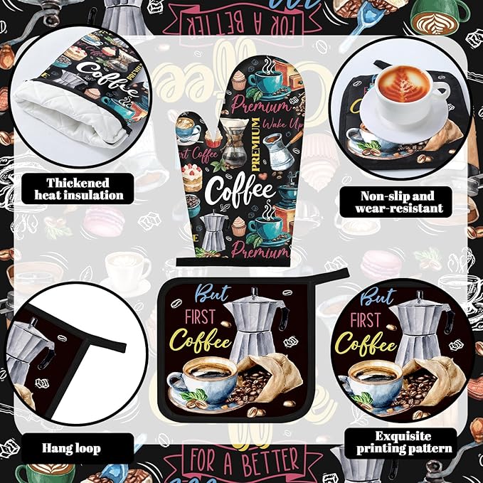 10 Pcs Coffee Kitchen Decor Set Coffee Kitchen Dish Towels Oven Mitts and Pot Holders Farmhouse Rugs Mats Vintage Black Potholders for Chef Baking Cooking Grilling BBQ Women Accessories Gift