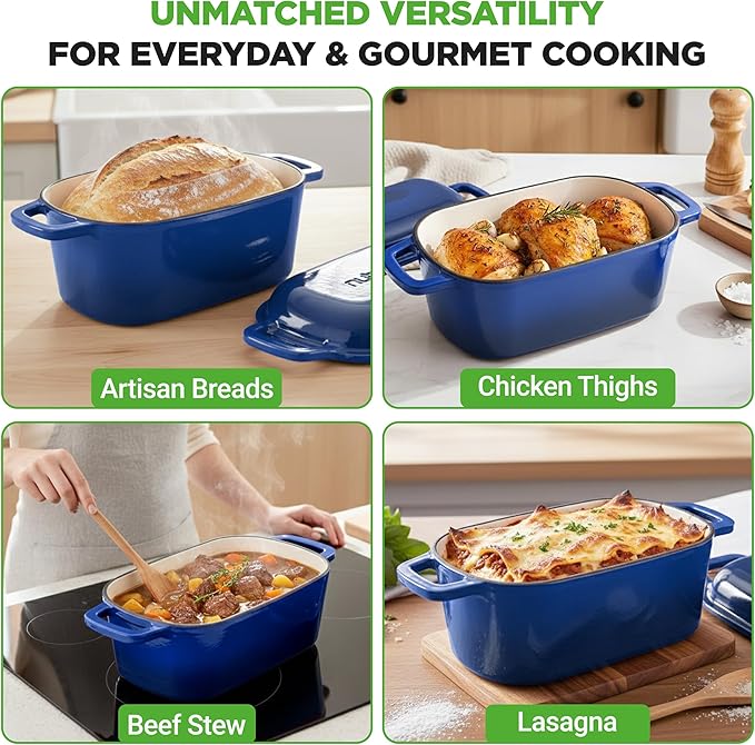 NutriChef 10" Enameled Cast Iron Bread Pan with Lid, Oval Loaf Dutch Oven with Silicone Gloves, Oven-Safe to 500°F, for Baking, Roasting, Stewing & More, Dishwasher Safe (Blue)