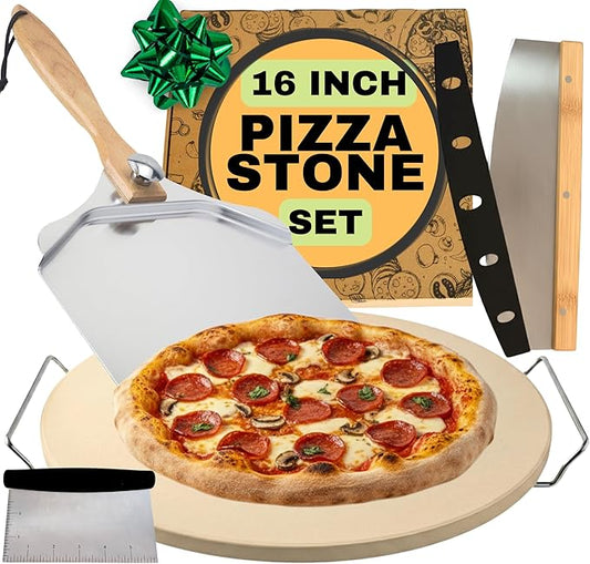 Round Pizza Stone for Oven 16 inch - Large Pizza Stone with Handles, Metal Pizza Peel, Pizza Cutter and Dough Tool - Baking Stone for Oven Bread - Thick Durable Cordierite Baking Stones