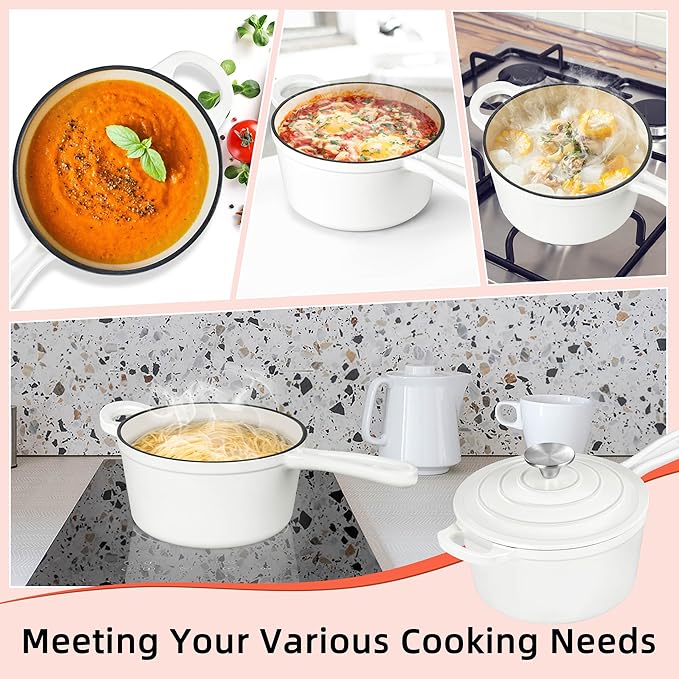 HaSteeL 3 QT Cast Iron Saucepan, Enamel dutch oven with lid, Small Non Stick Pan for Milk, Pasta Tomato Sauce, Butter, Breakfast, Soup, Suitable for Boiling Stewing Frying, Easy to Clean, White