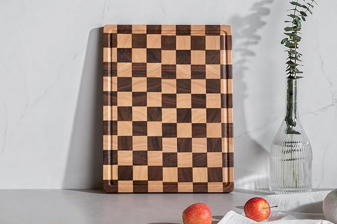 End Grain Cutting Boards for Kitchen, Wooden Cutting board, Acacia Wood Chopping Board with Juice Groove & Handle, Butcher Block for Meat, Bread & Fruit, 14"L x 11"W x 0.8"Th