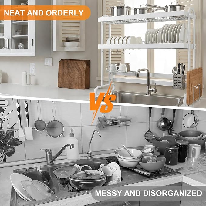 Kitchen Counter Dishrack with Utensil Holder Over Sink Dish Drying Rack Anti-Slip Thickened Sink Rack for Draining & Storing Dishes
