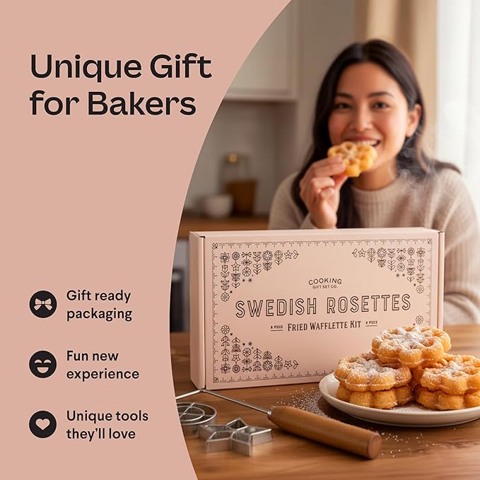 Swedish Rosette Iron Set with Handle Cooking Gifts – Rosette Maker & Bunuelos Mold Valentine's Day Baking Essentials | Funnel Cake Maker & Waffle Iron Kit – Rosettes Unique Baking Gift Set for Women