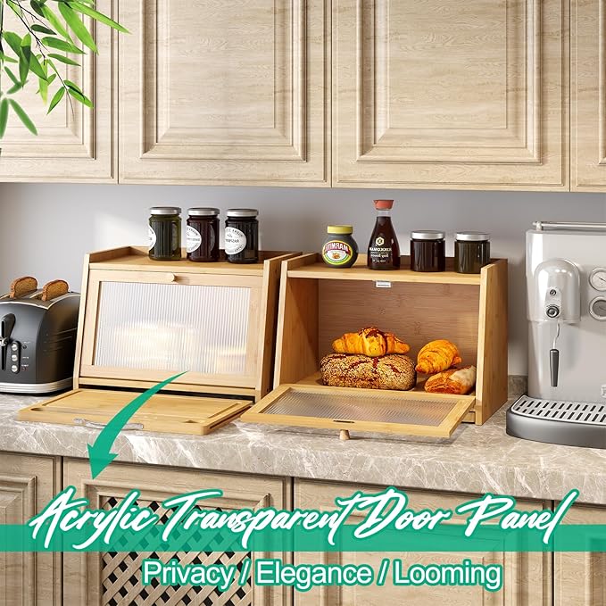 Bread Box with Cutting Board, Bamboo Bread Box for Kitchen Counter, Bread Storage Container with Wavy Arcylic Transparent Door (Natural)