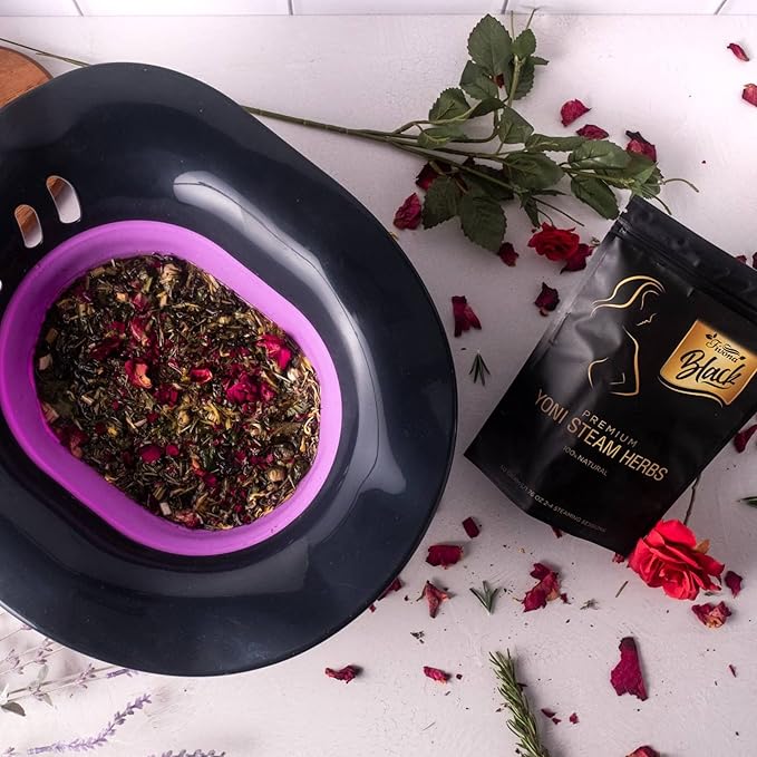 Fivona Black 4-in-1 Yoni Care Steam Kit Includes Feminine V Oil, Sitz Bath Seat, Yoni Steaming Herbs and Storage Bag - Effective Detox pH Balance Cleansing and Moisturizing