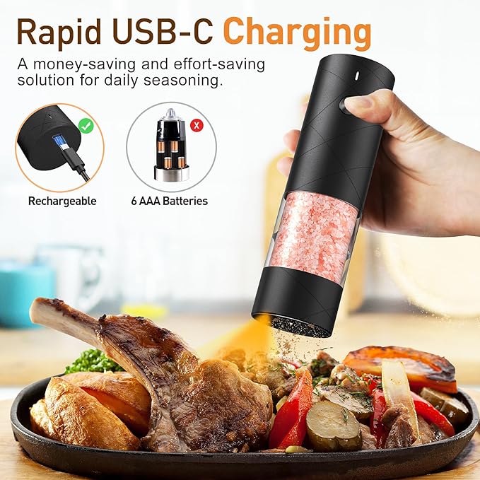 Rechargeable Salt and Pepper Grinder Set with LED Light, Adjustable Coarseness shakers, One-Hand Operation for Kitchen Appliances Christmas Gift Sets for Women(2 Pack Upgrade Black)
