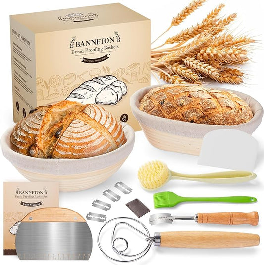 Banneton Bread Proofing Basket - Sourdough Starter Kit Banneton Sourdough Proofing Basket Set of 2, Sourdough Bread Baking Supplies for Making Baking Fermentation (9" Round & 10" Oval, 6 Accessories)